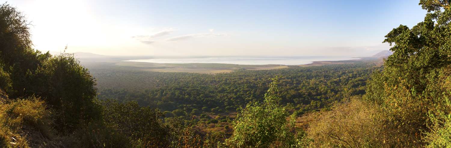 Landschaft mit See, Bäumen und Bergen am Lake Manyara Nationalpark in Tansania