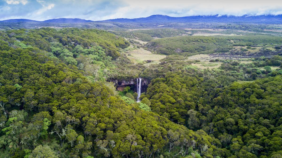 Landschaft mit weitem Blick auf den Chania Wasserfall im Aberdare Nationalpark in Kenia