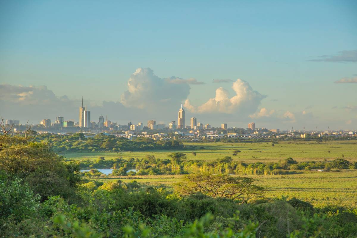 Landschaft des Nairobi Nationalparks in Kenia mit Skyline im Hintergrund