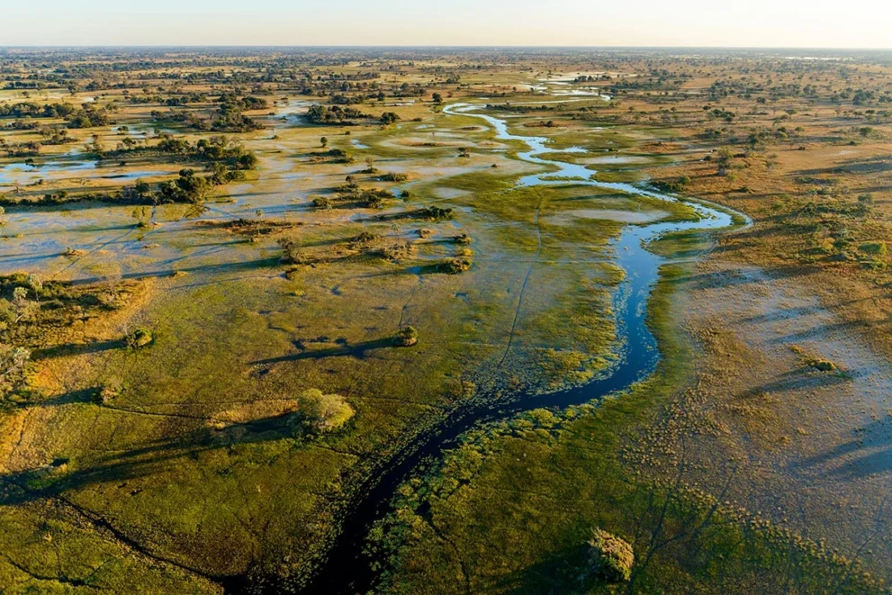 Flusslandschaft und Savanne im Okavango Delta.