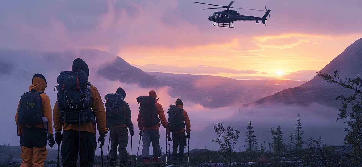 Ein Helikopter fliegt davon, nachdem er eine Gruppe im schwedischen Fjäll abgesetzt hat