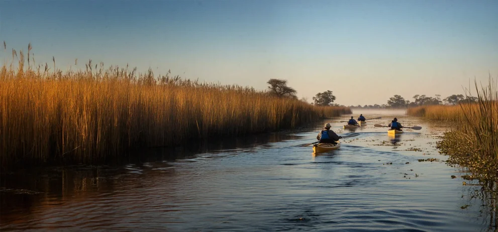 Kanufahrer im Okavango Delta bei Sonnenaufgang, friedliche Naturkulisse, spiegelndes Wasser, klare Himmel.