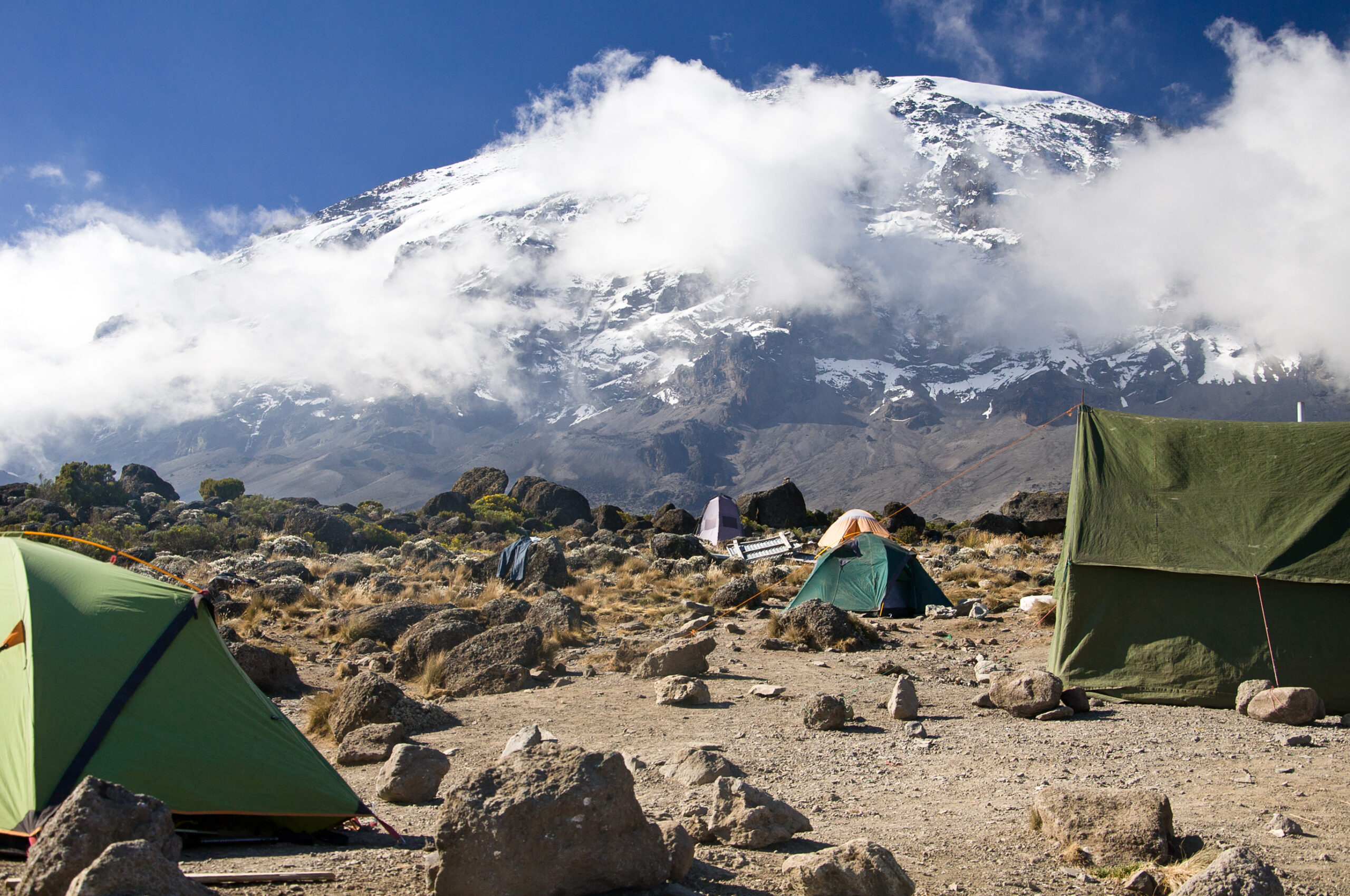 Zelte im Karanga Camp auf 4.000 Metern mit Blick auf den Kibo des Kilimandscharo