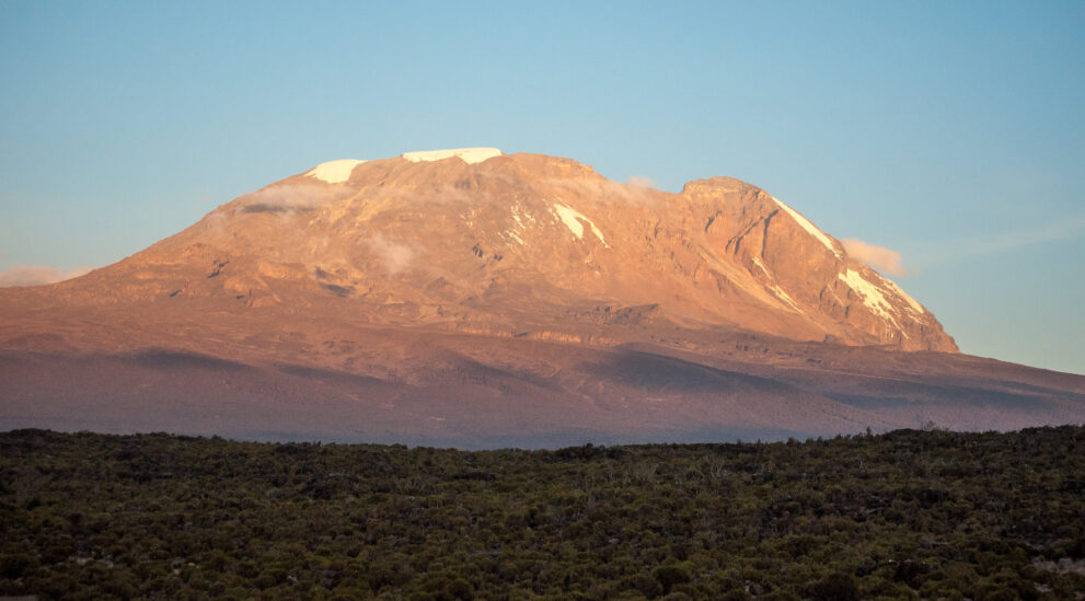 Der Kibo des Kilimandscharo leuchtet im Abendlicht, gesehen vom Shira 1 Camp auf der Lemosho-Route