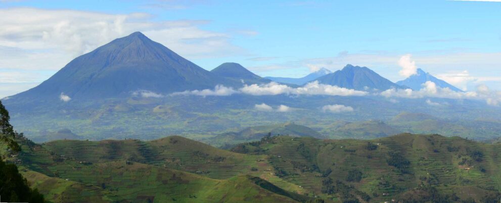 Die Virunga-Vulkane mit dem Muhavura über den grünen Hügeln am Mgahinga-Gorilla-Nationalpark in Uganda