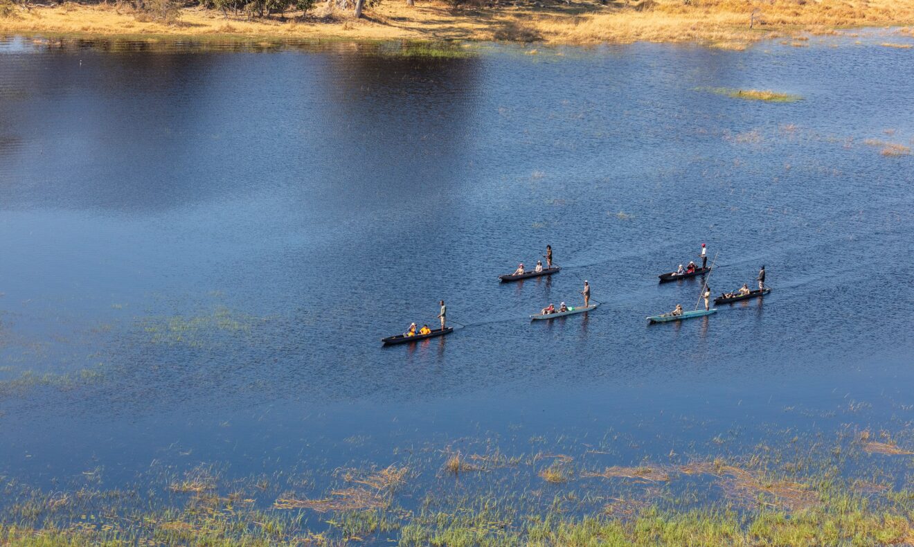 Luftbild einer Lagune im Okavango-Delta, auf der mehrere Mokoros hintereinander übers Wasser gleiten