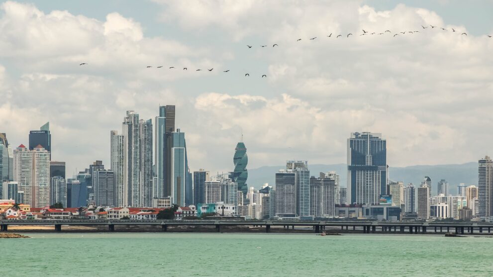 Skyline von Panama-Stadt über der Bucht von Panama, darüber zieht ein Vogelschwarm