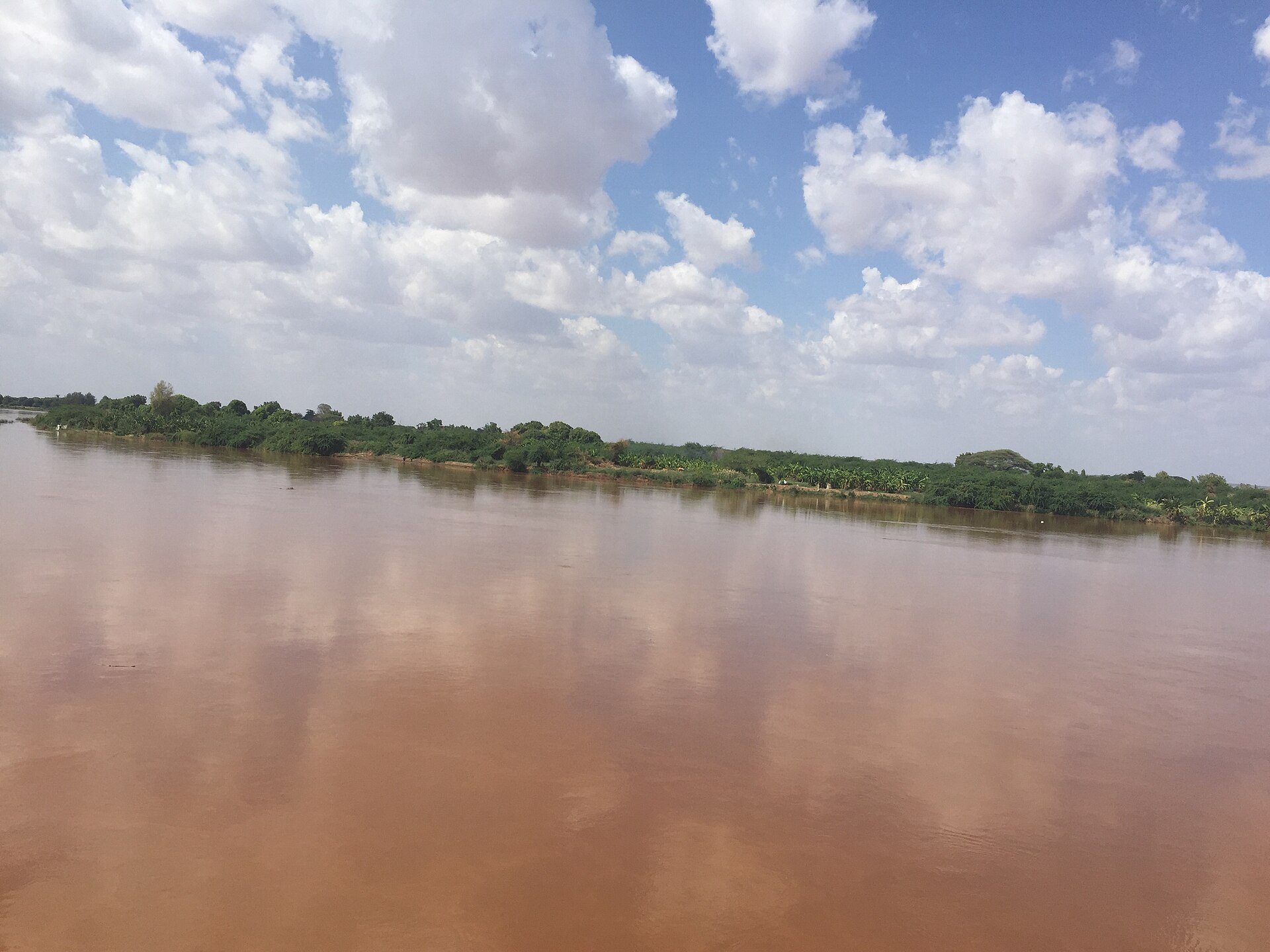 Breiter, schlammbrauner Fluss unter Quellwolken, am anderen Ufer ein grüner Streifen aus Büschen und Bananenstauden.