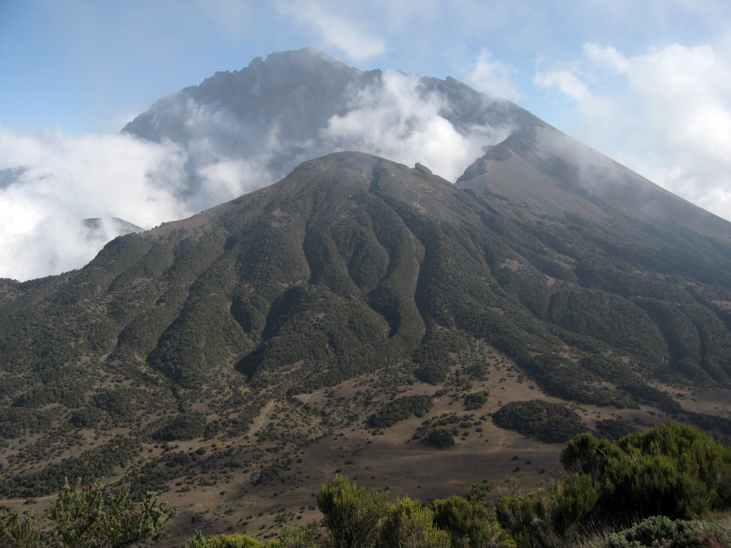 Blick in den alten Krater des Mount Meru mit bewachsenen Hängen, der Gipfel liegt in Wolken