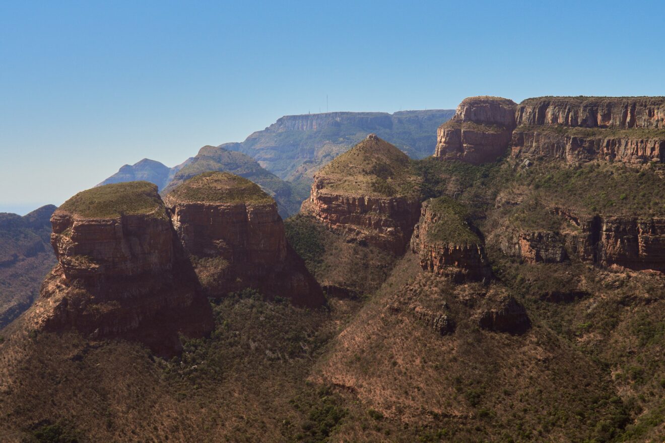 Die Three Rondavels im Blyde River Canyon, gesehen von der Panorama-Route in Mpumalanga, Südafrika