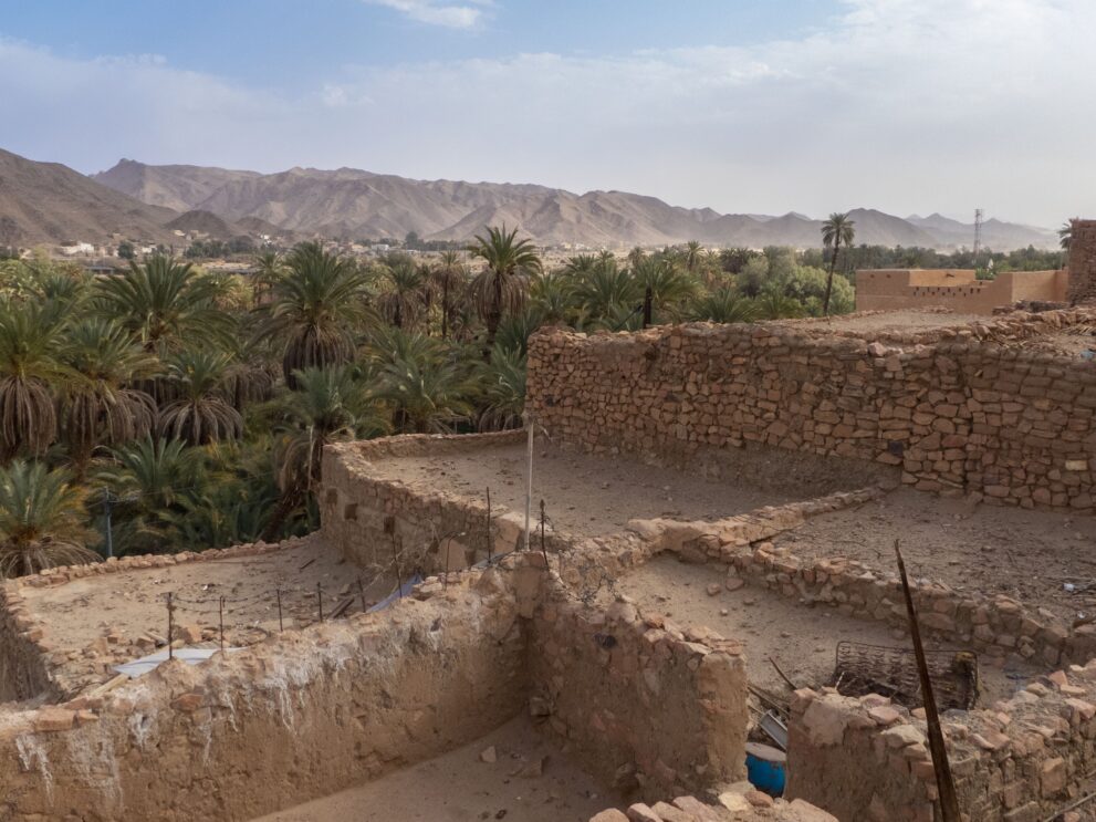 Blick vom Ksar Adjahil über Lehmmauern und Palmenhain der Oase Djanet zu den Bergen