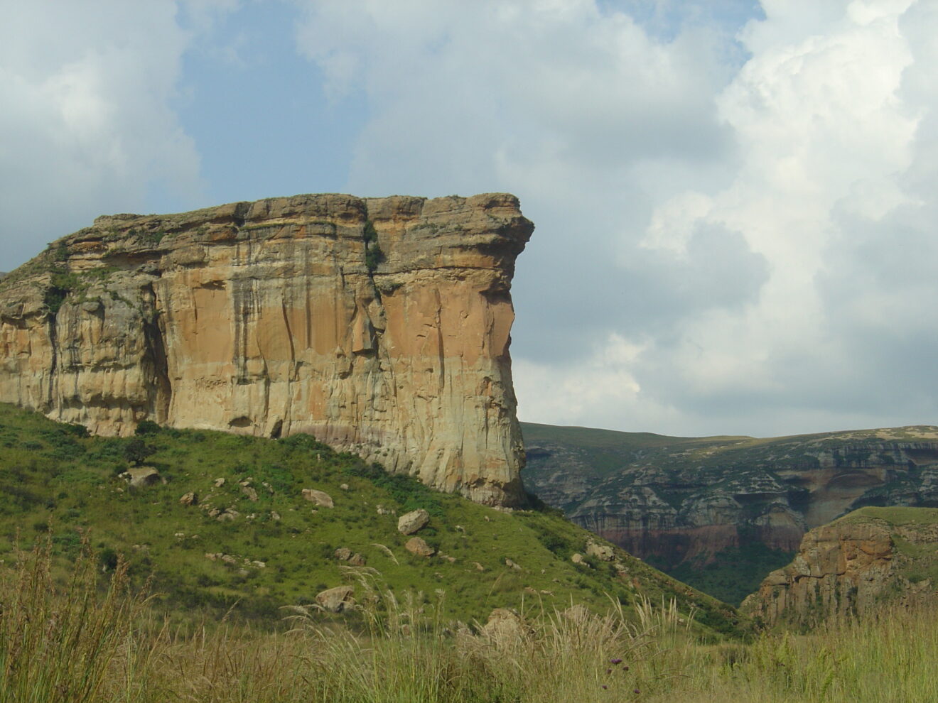 Die senkrechte Sandsteinwand des Brandwag Buttress über einem grünen Grashang, rechts der Blick auf weitere Sandsteinklippen