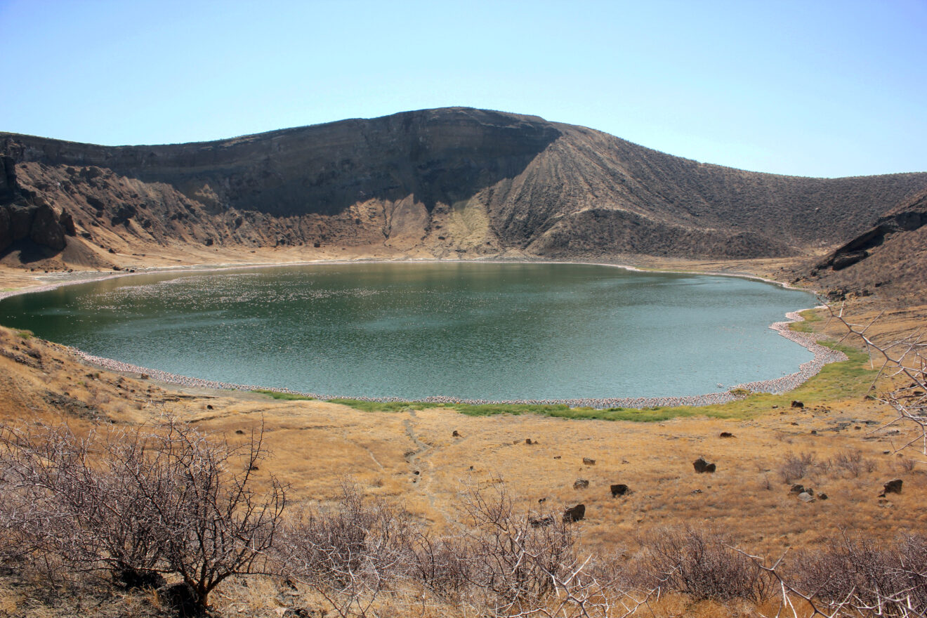 Grüner Kratersee in einem steilen, kahlen Vulkankrater, am Ufer ein heller Saum, vorn trockenes Gras und dorniges Gebüsch, Central Island im Lake Turkana