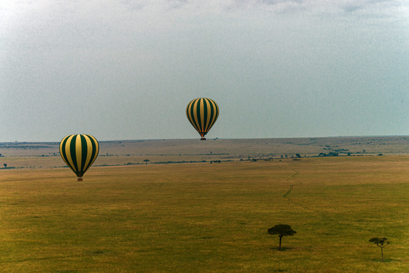Zwei gestreifte Heißluftballone schweben über den weiten, grasbedeckten Ebenen der Masai Mara