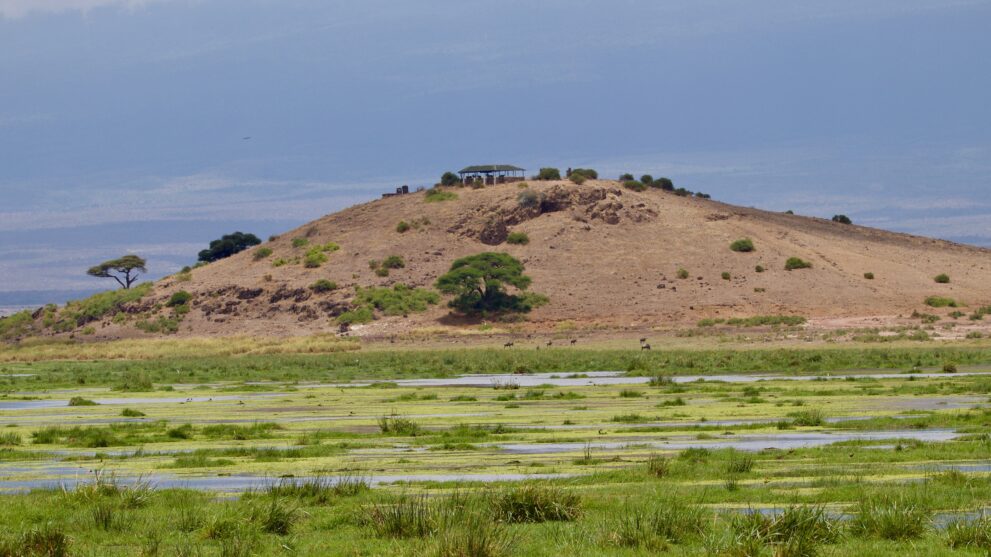 Observation Hill im Amboseli-Nationalpark mit Aussichtsdach auf der Kuppe über den Sumpfwiesen