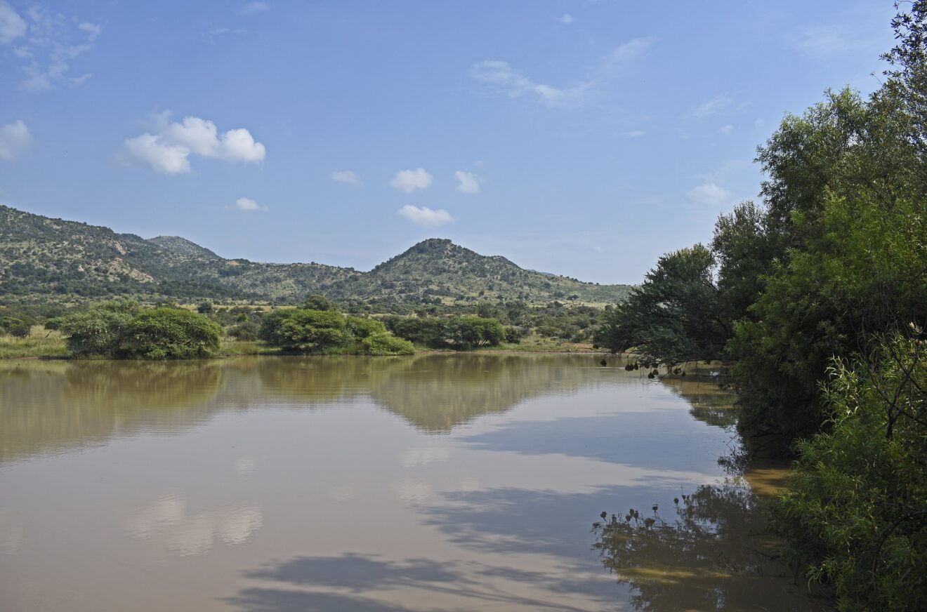 Blick aus dem Ratlhogo-Versteck auf das Wasserloch mit Büschen am Ufer und Hügeln im Hintergrund, Pilanesberg-Nationalpark