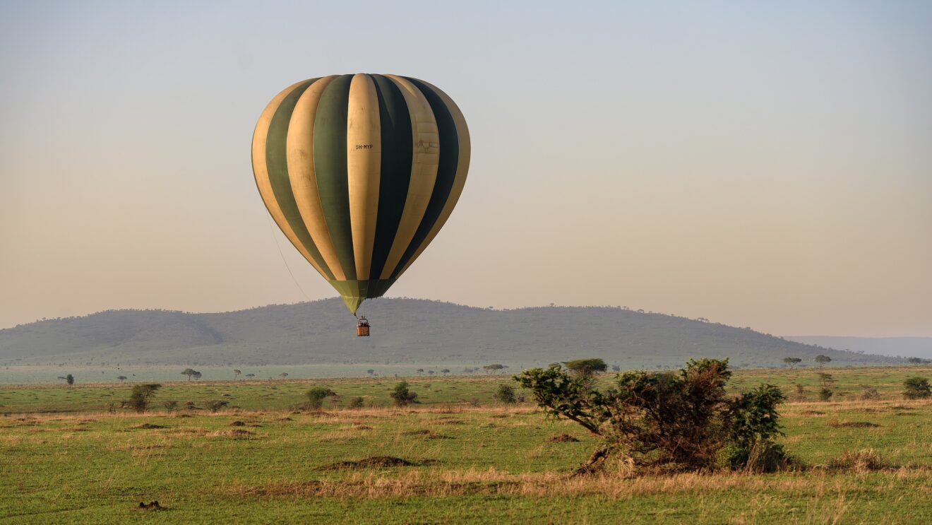 Heißluftballon schwebt kurz nach Sonnenaufgang tief über der Grasebene der Serengeti, dahinter ein flacher Hügelzug