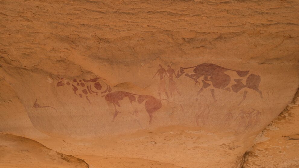 Felsmalerei gefleckter Rinder mit Hirten im Tassili n Ajjer bei Djanet