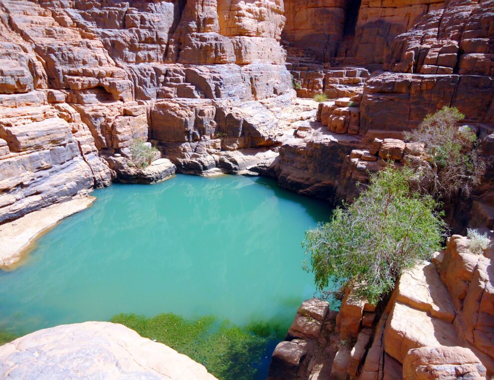 Blick in den Canyon von Tikoubaouine bei Djanet auf ein türkisfarbenes Wasserloch zwischen Felswänden