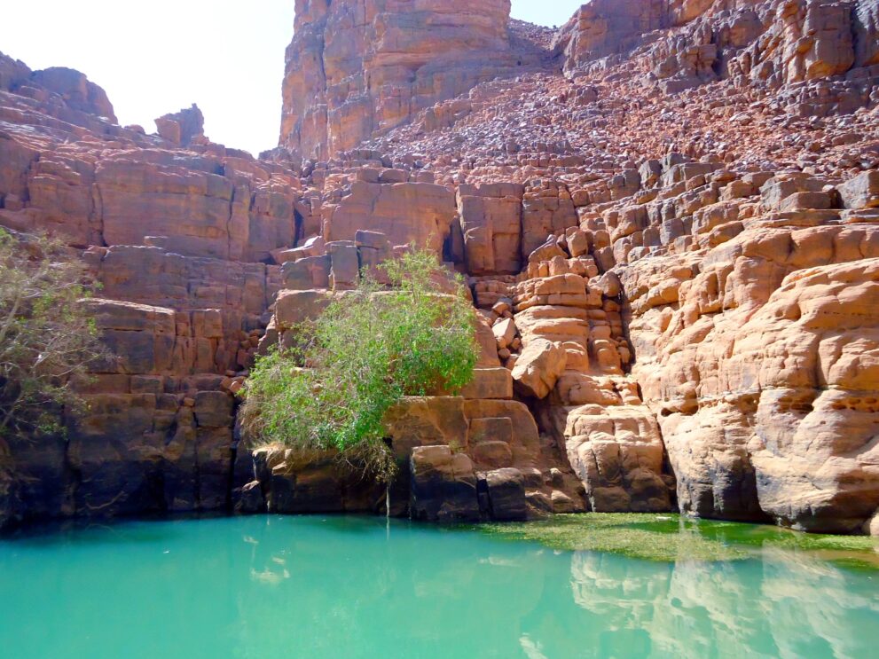 Wasserloch im Canyon von Tikoubaouine bei Djanet, türkisfarbenes Wasser unter roten Sandsteinwänden