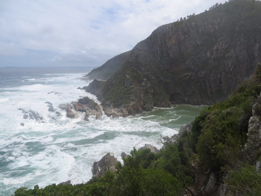 Blick vom Otter Trail auf die Mündung des Bloukrans bei Flut, Brandung zwischen Felsen und bewaldeten Steilhängen