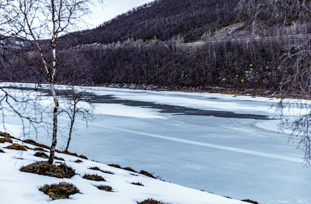 Zugefrorener Grenzfluss Teno mit Birken und Schnee am Ufer bei Utsjoki