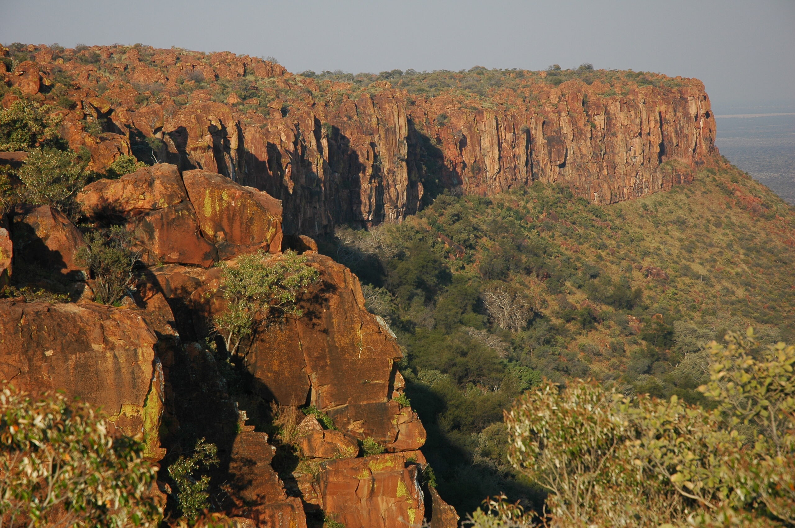 Blick vom Rand der Hochfläche auf die roten Sandsteinwände des Waterberg-Plateaus, darunter bewachsener Hang und Ebene