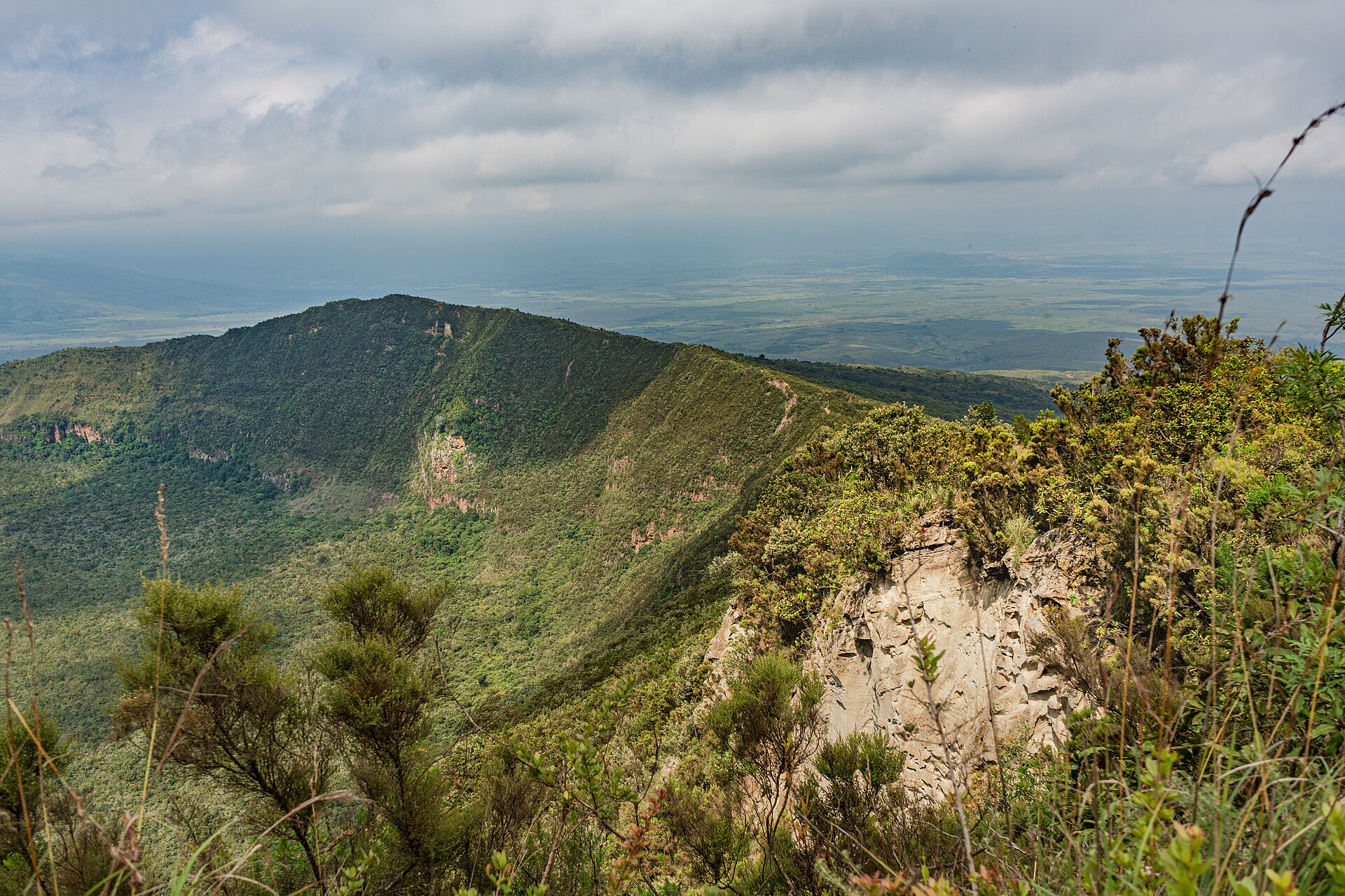 Grüner Grat des Kraterrands mit hellen Felsabbrüchen, dahinter die flache, dunstige Ebene des Rift Valley unter grauen Wolken
