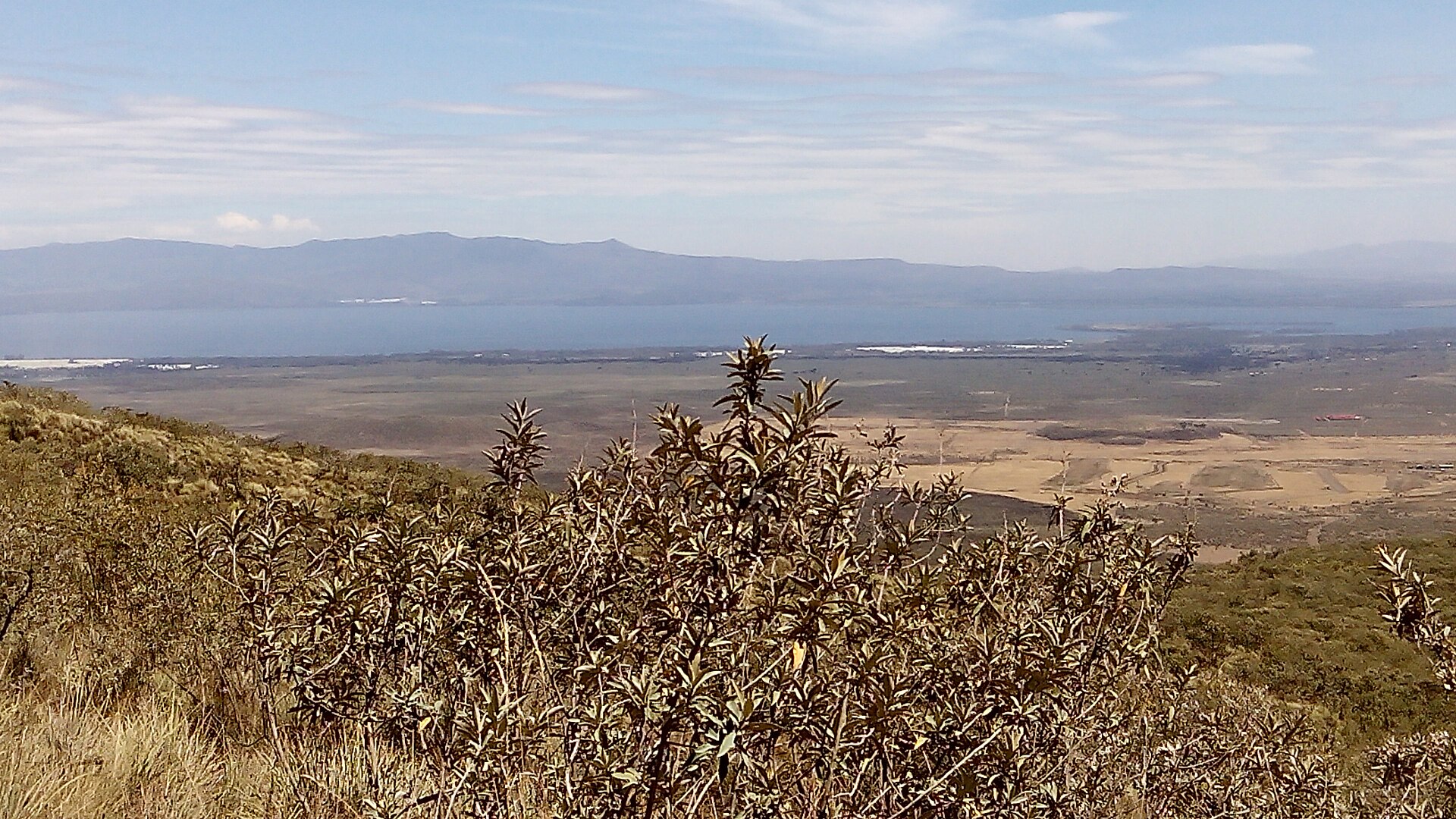 Vom Hang des Mount Longonot über trockenes Buschwerk auf die Ebene des Rift Valley, dahinter der Naivasha-See als blaues Band und eine Bergkette