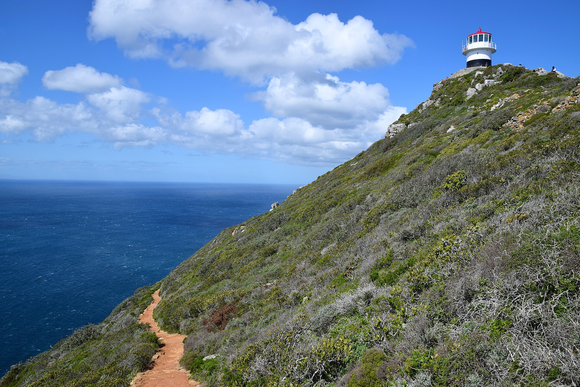 Weißer Leuchtturm mit rotem Dach auf einem grünen Hang über dem Meer, davor ein schmaler Fußweg an der Klippe