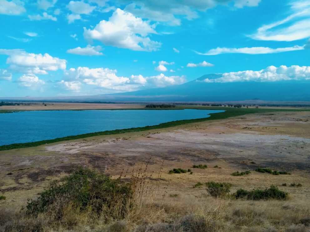 Lang gestreckte blaue Wasserfläche mit grünem Saum, davor trockener Boden, im Hintergrund der Kilimandscharo unter Wolken