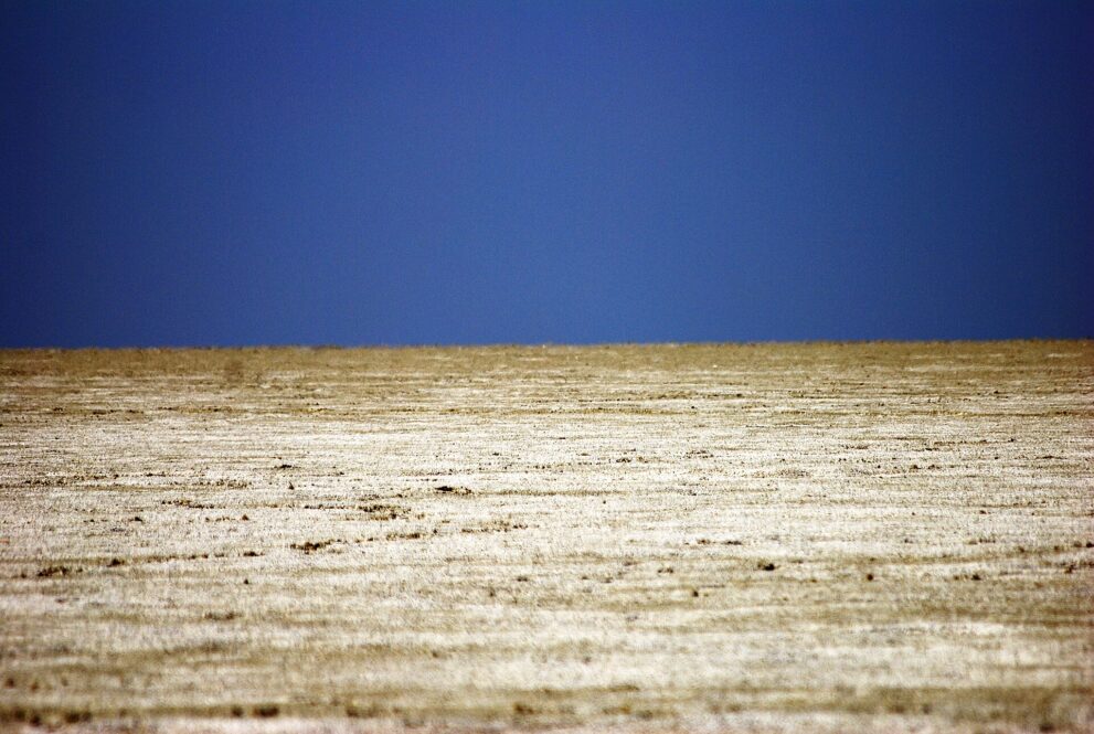 Eine helle, salzverkrustete Fläche reicht flach bis zum Horizont, darüber tiefblauer Himmel.