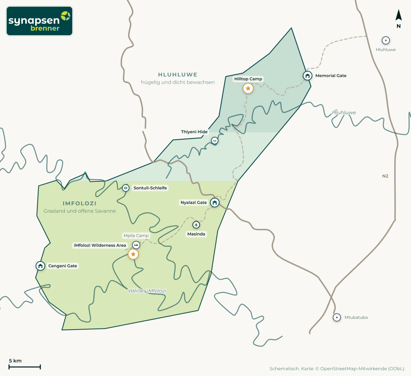 Karte von Hluhluwe-iMfolozi-Park: Tore, Airstrips, Highlights