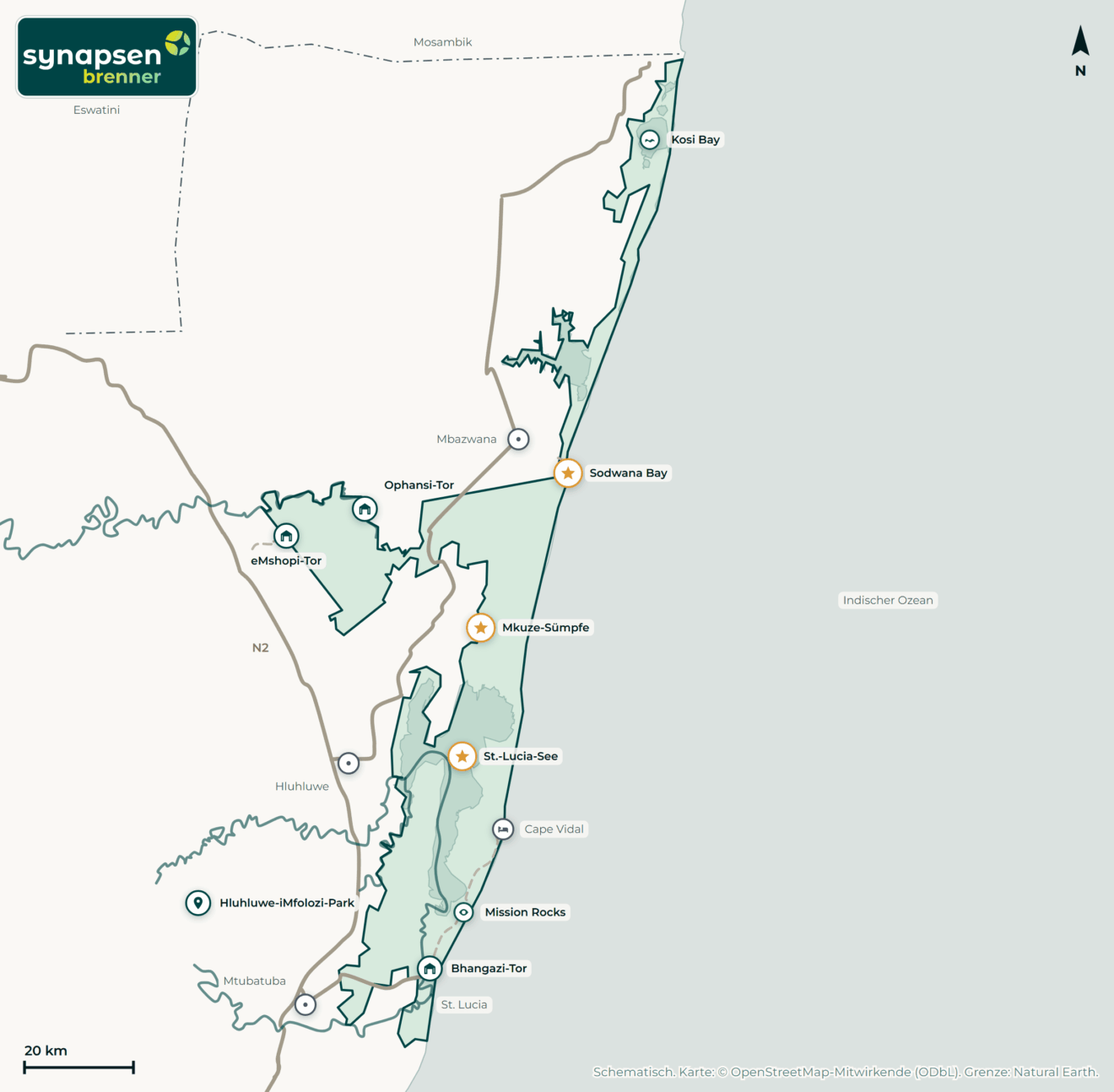 Karte von iSimangaliso-Wetland-Park: Tore, Airstrips, Highlights