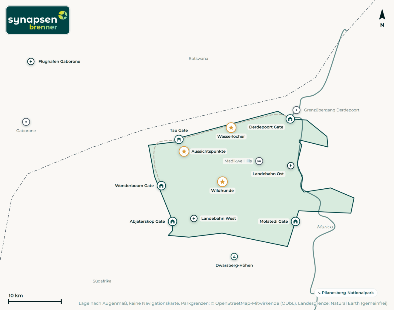 Karte von Madikwe-Game-Reserve: Tore, Airstrips, Highlights