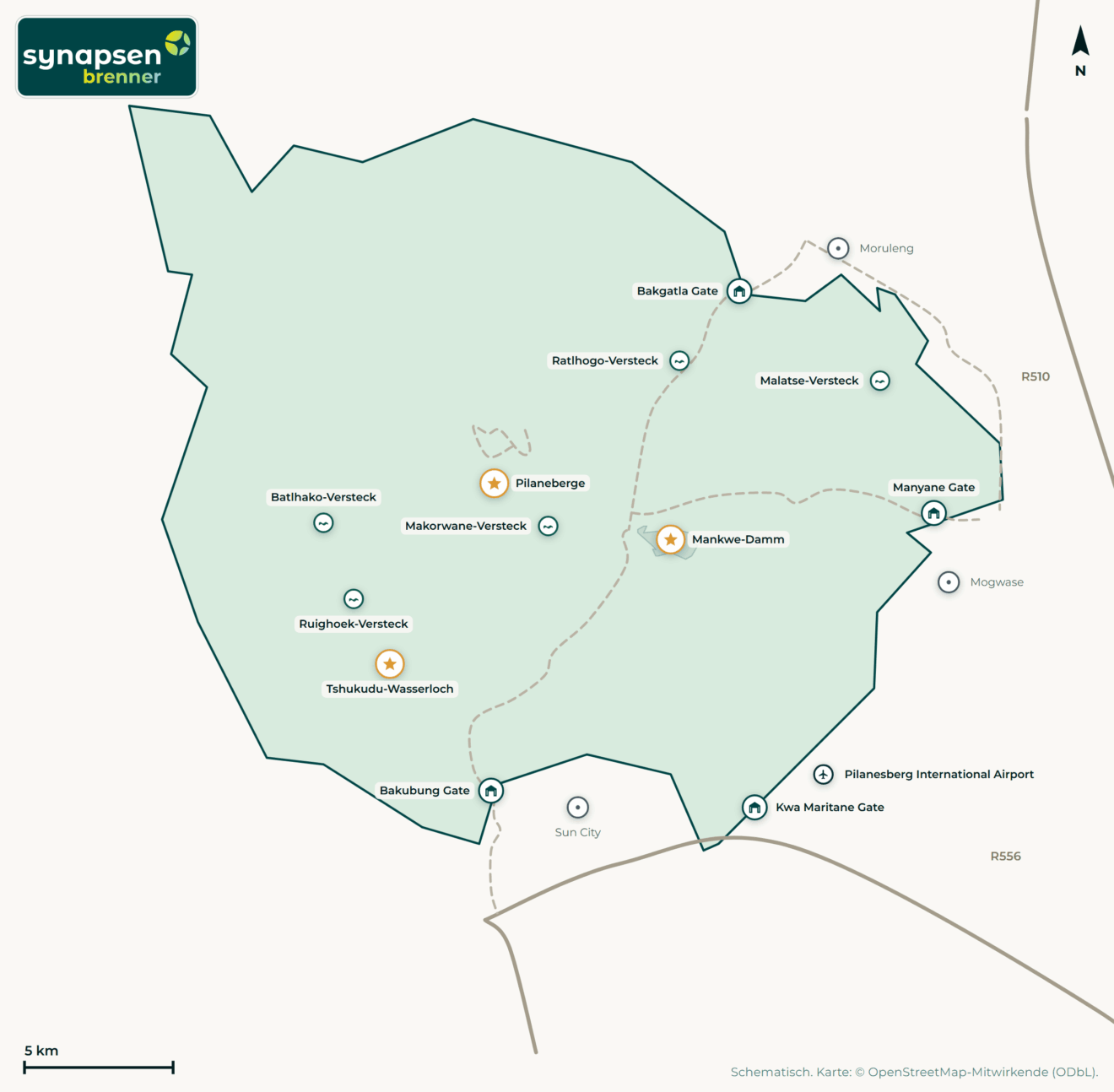 Karte von Pilanesberg-Nationalpark: Tore, Airstrips, Highlights