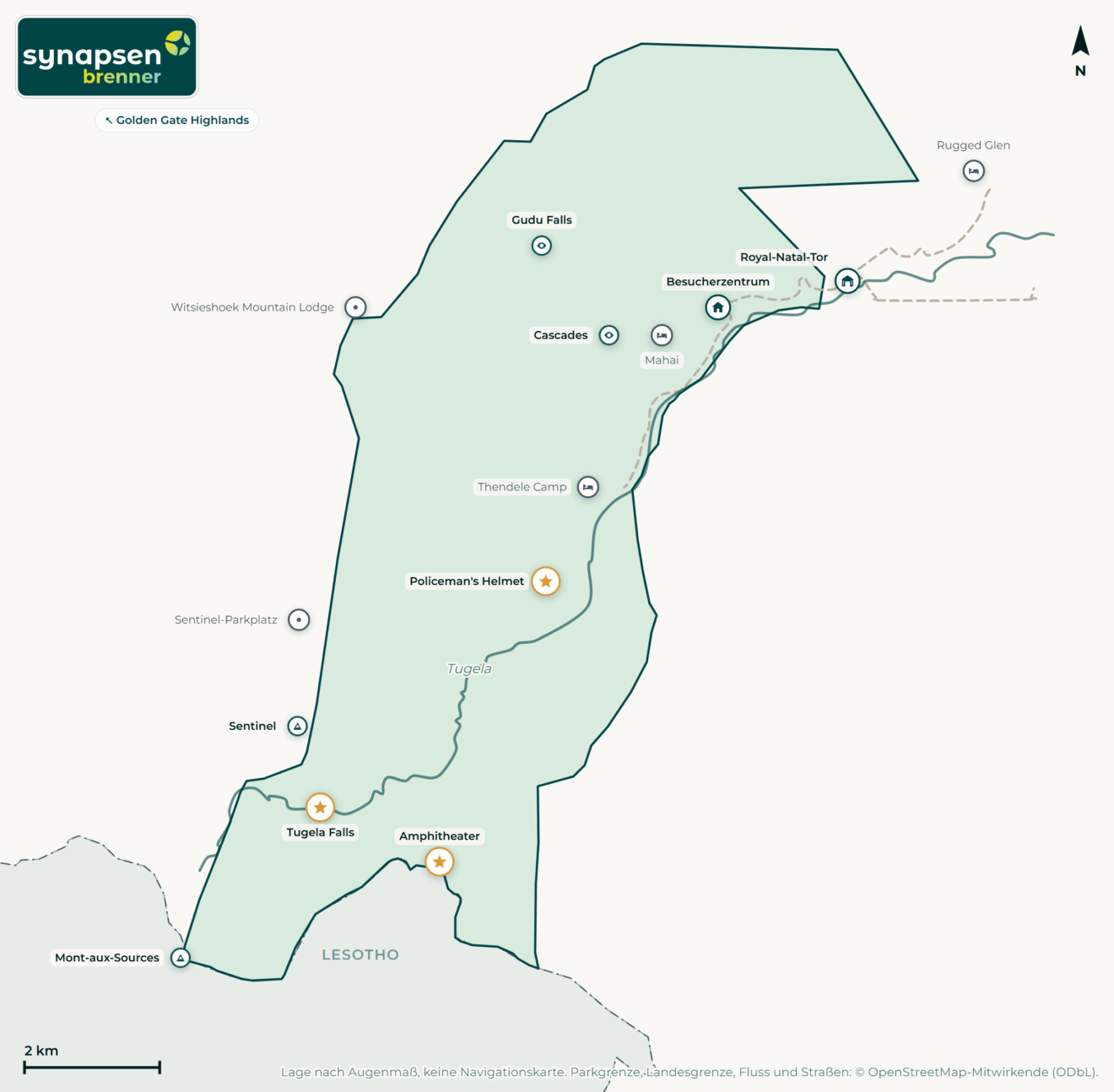 Karte von Royal-Natal-Nationalpark: Tore, Airstrips, Highlights