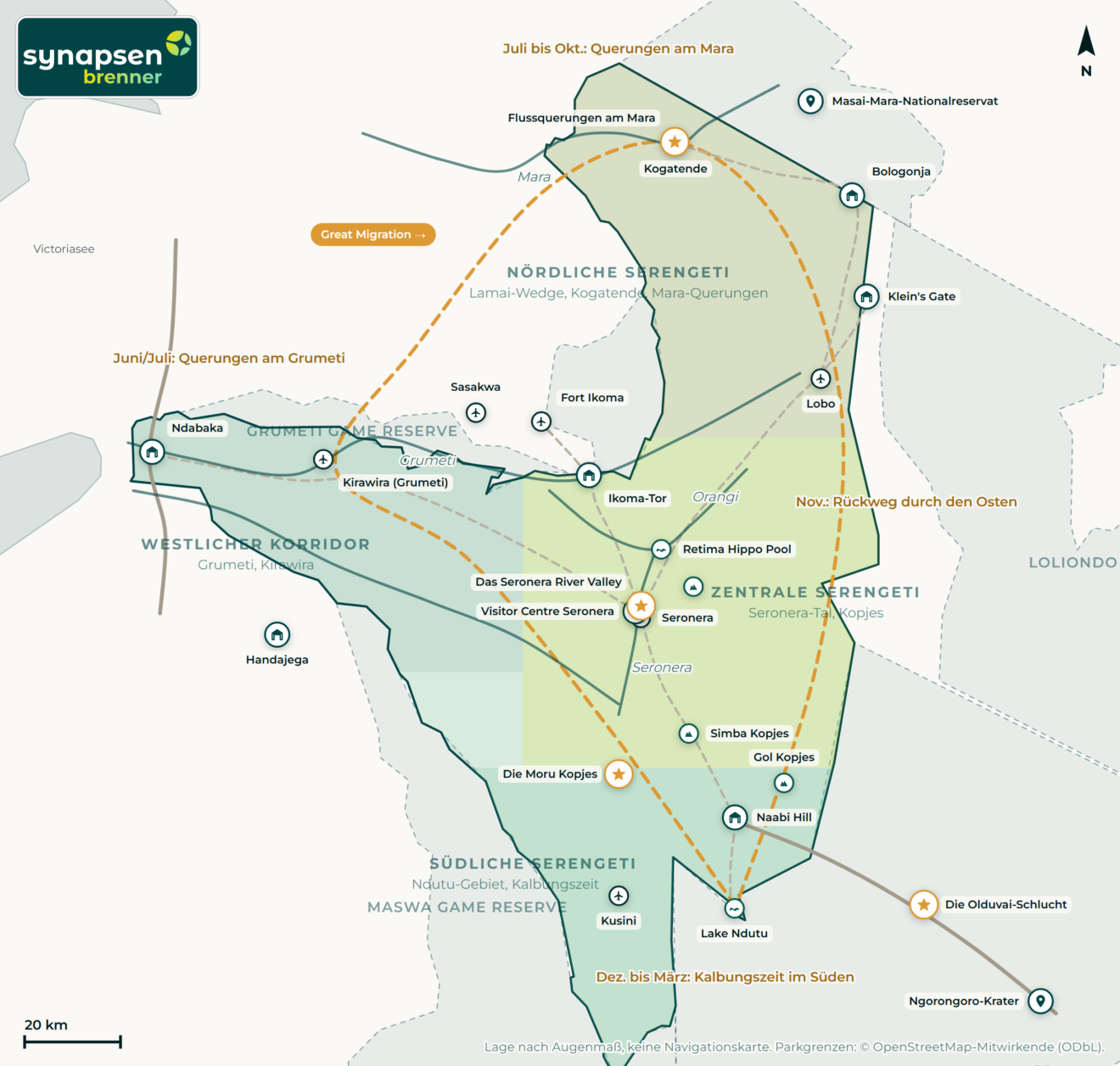 Karte von Serengeti-Nationalpark: Tore, Airstrips, Highlights