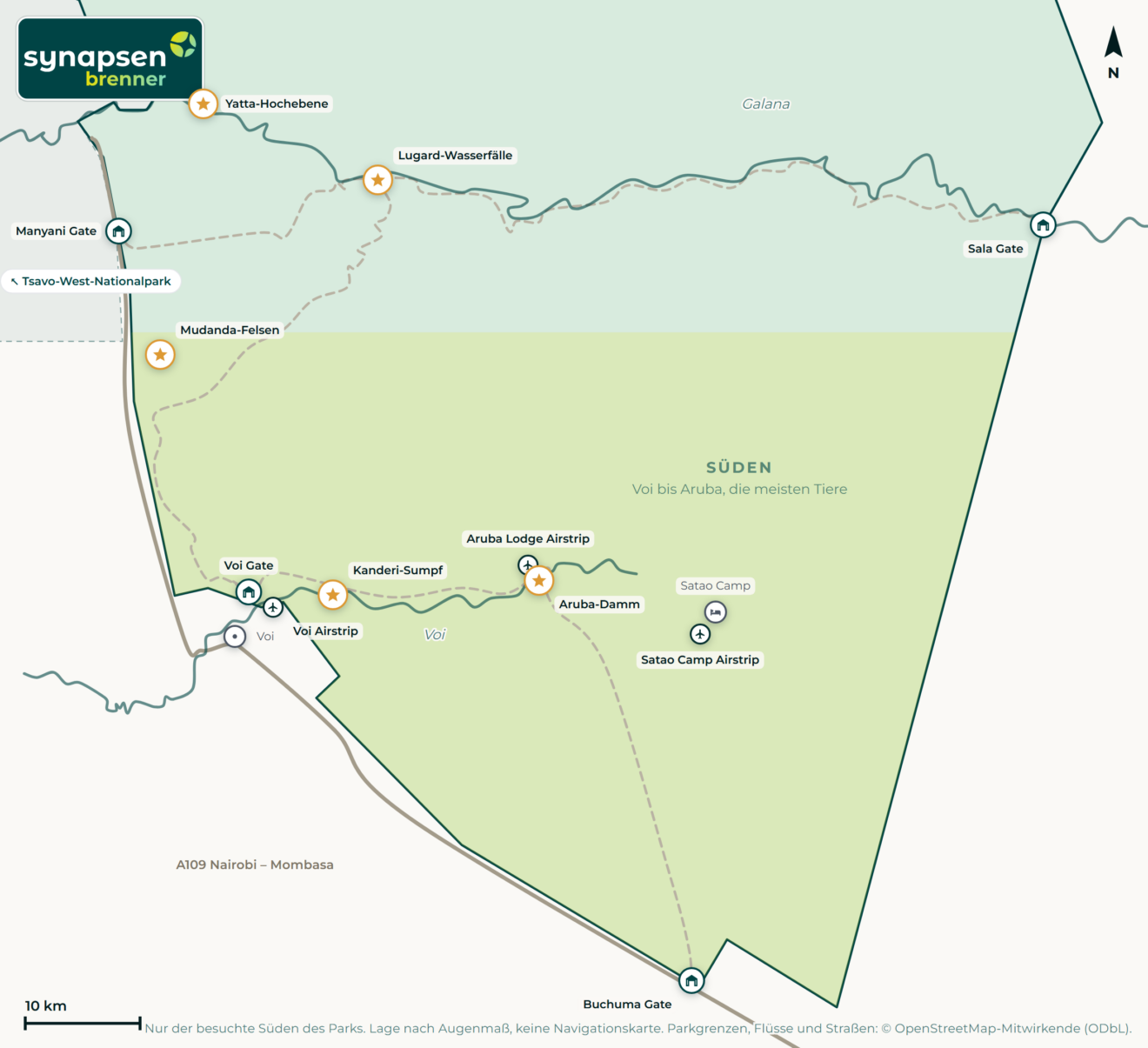 Karte von Tsavo-Ost-Nationalpark: Tore, Airstrips, Highlights