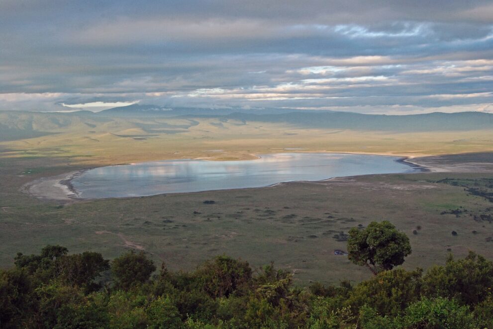 Blick vom bewaldeten Kraterrand hinunter auf einen länglichen, hellen See auf dem grünen Kraterboden unter Abendwolken.