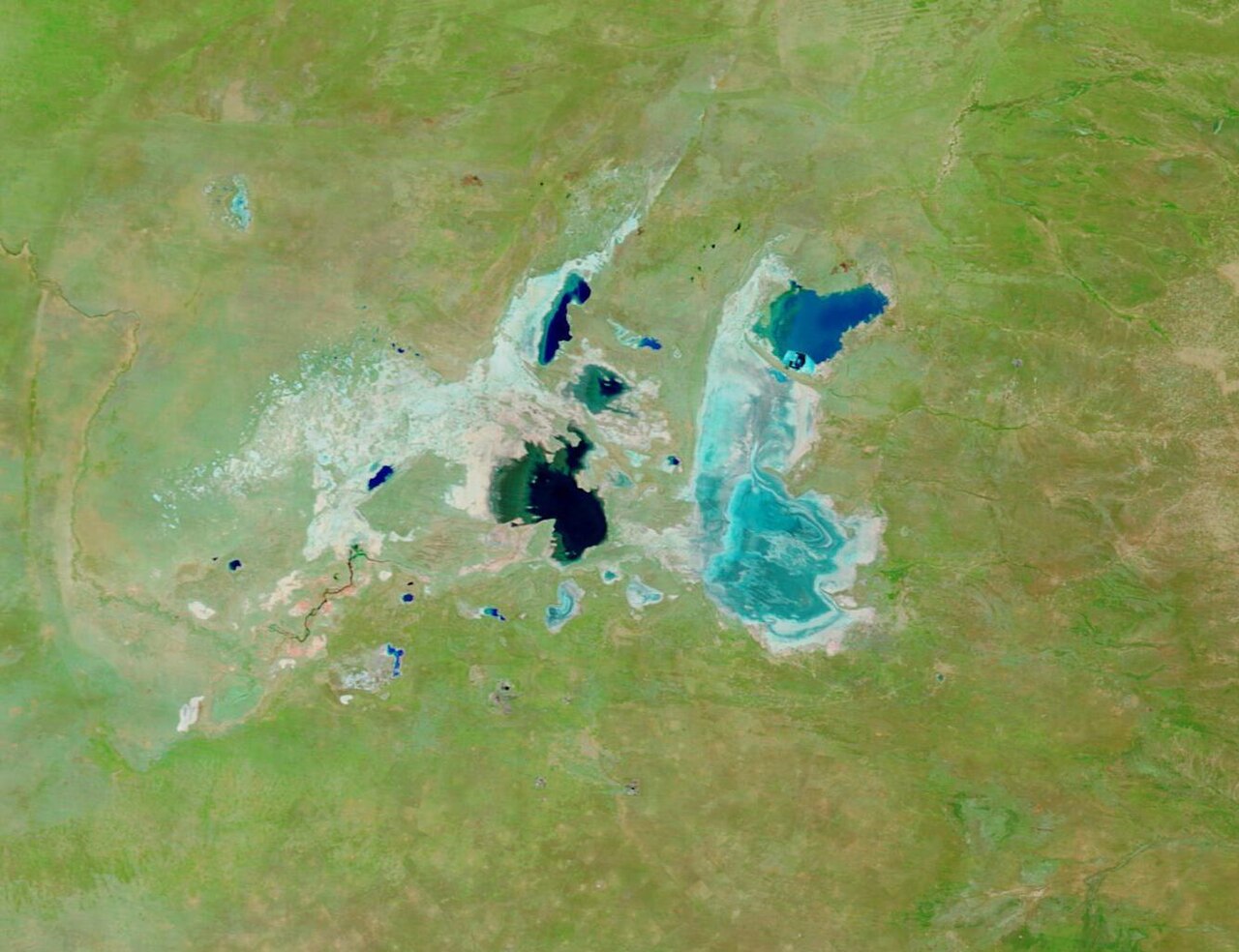 Satellitenbild in Falschfarben: links die zerfaserte Ntwetwe-Pfanne mit dunklen Wasserflächen, rechts die lange Sowa-Pfanne in Türkis, ringsum grünes Land.