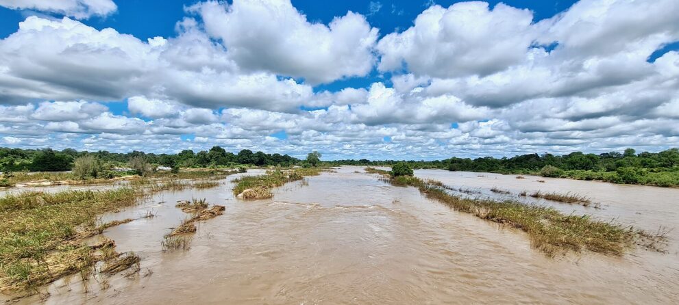 Breites, braunes Hochwasser zwischen überspülten Grasinseln, am Horizont Buschwald unter Haufenwolken