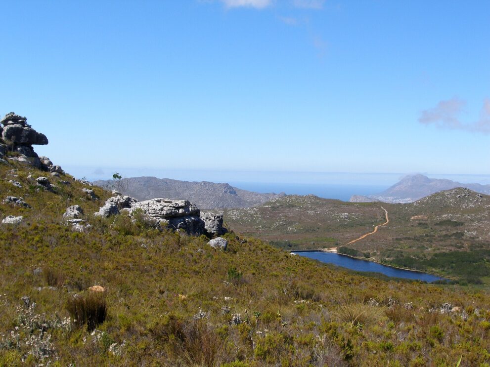 Blick von einem Fynbos-Hang mit Sandsteinblöcken hinunter auf einen langgezogenen Stausee, dahinter Berge und das Meer