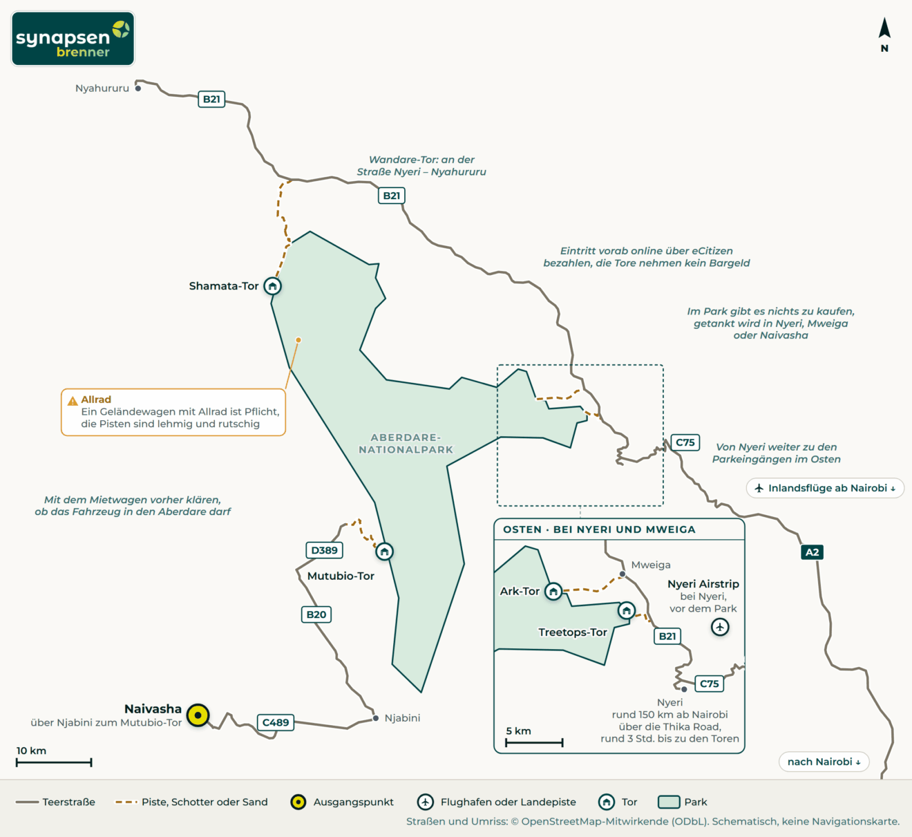 Anreisekarte Aberdare-Nationalpark: Straßen, Flughäfen und Tore