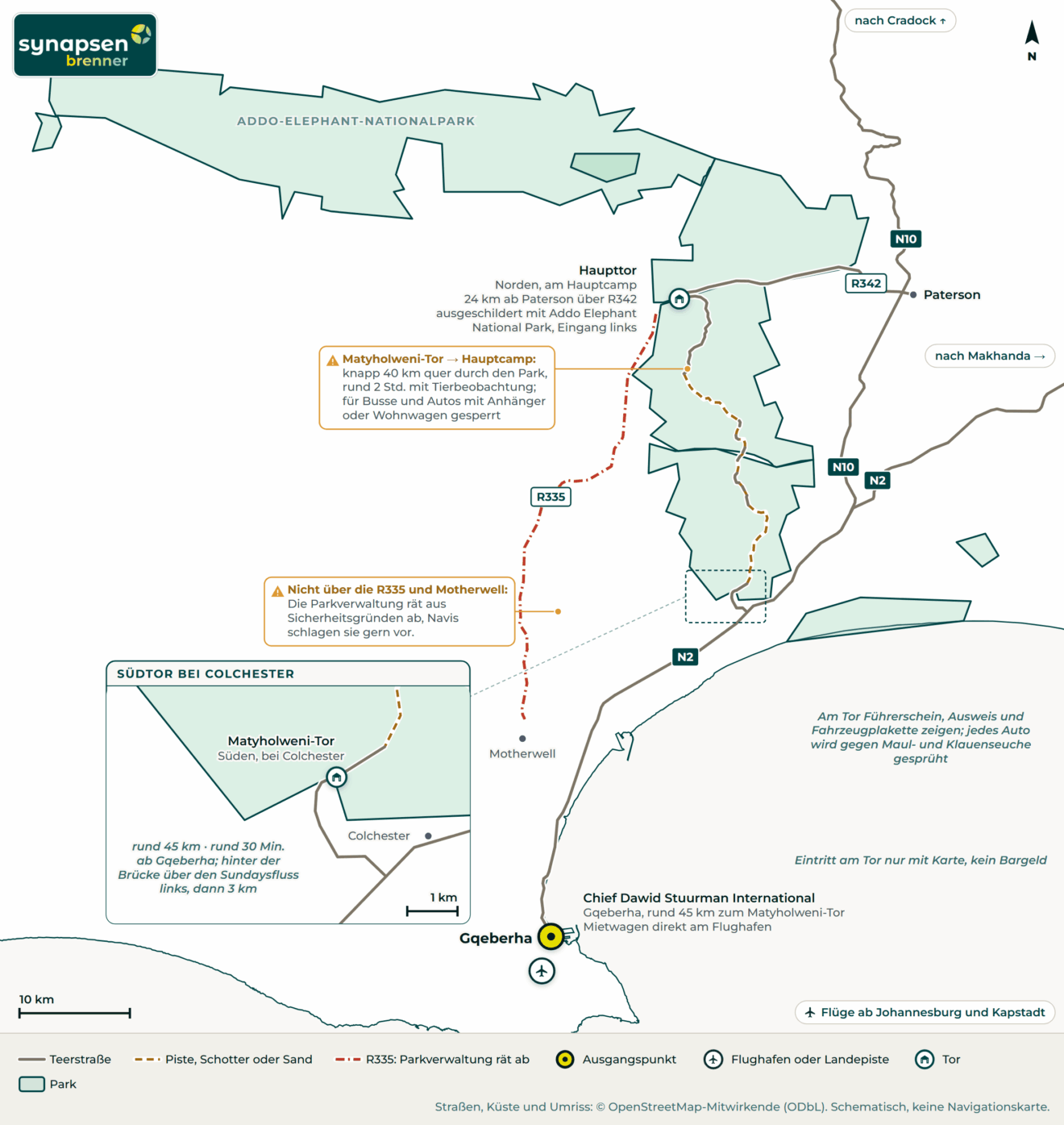 Anreisekarte Addo-Elephant-Nationalpark: Straßen, Flughäfen und Tore