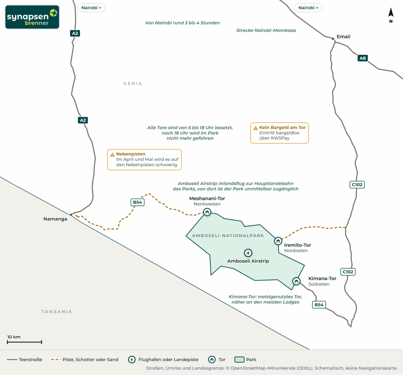 Anreisekarte Amboseli-Nationalpark: Straßen, Flughäfen und Tore