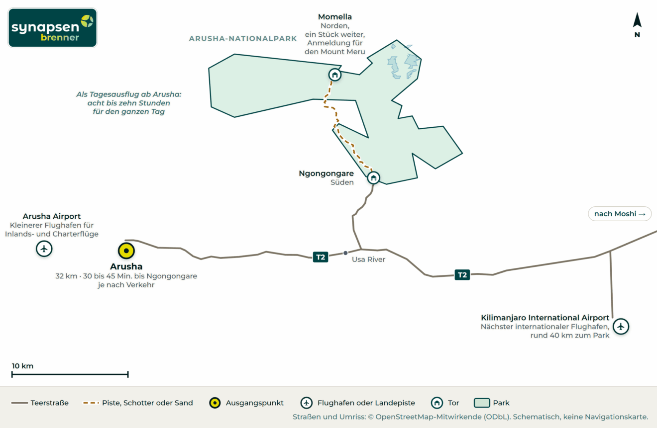 Anreisekarte Arusha-Nationalpark: Straßen, Flughäfen und Tore