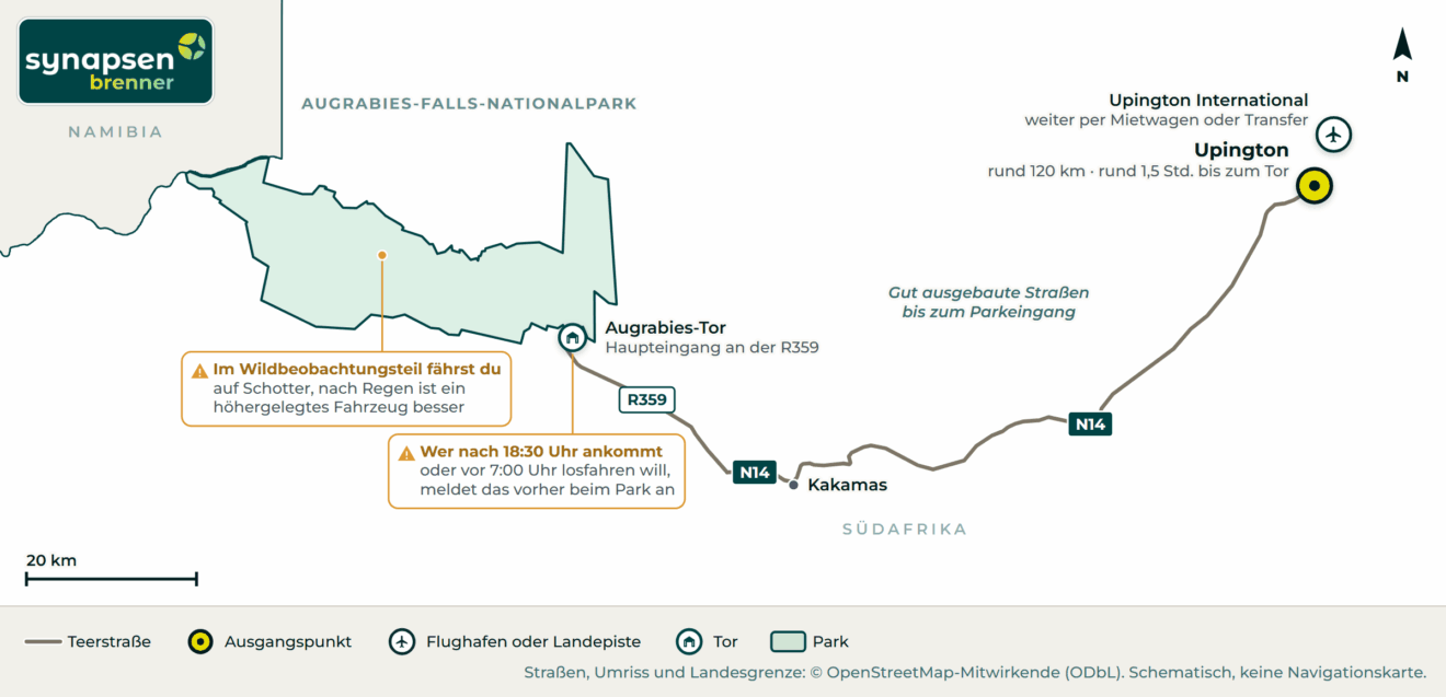 Anreisekarte Augrabies-Falls-Nationalpark: Straßen, Flughäfen und Tore