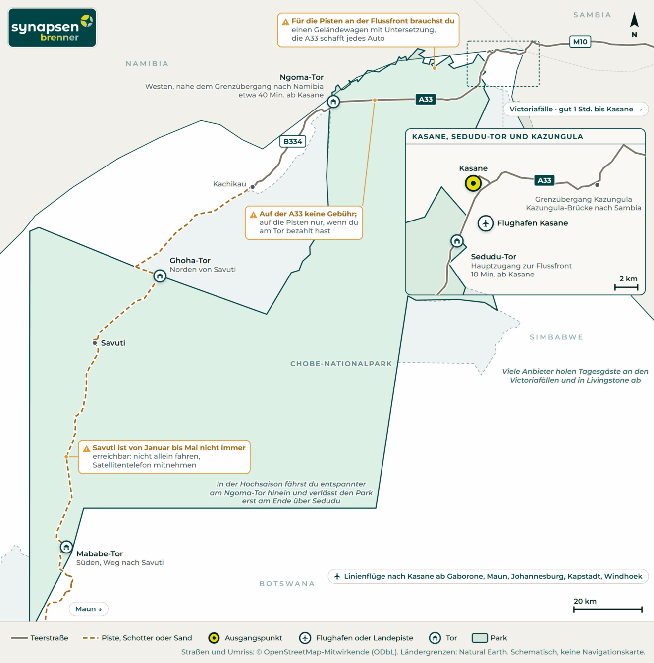 Anreisekarte Chobe-Nationalpark: Straßen, Flughäfen und Tore