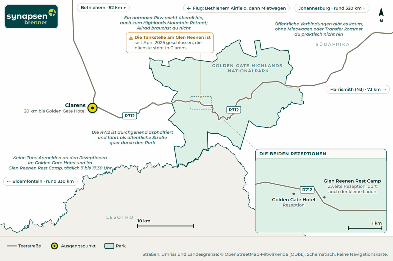 Anreisekarte Golden-Gate-Highlands-Nationalpark: Straßen, Flughäfen und Tore
